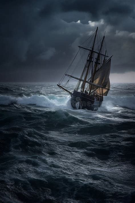 Large Sailing Ship In A Stormy Sea Ai Generated Stock Illustration