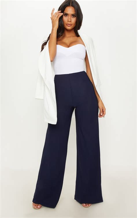 Navy High Waisted Wide Leg Trouser Trousers Prettylittlething Ie