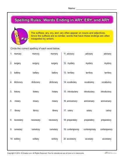 Spelling Rules Words Ending In Ary Ery And Ary