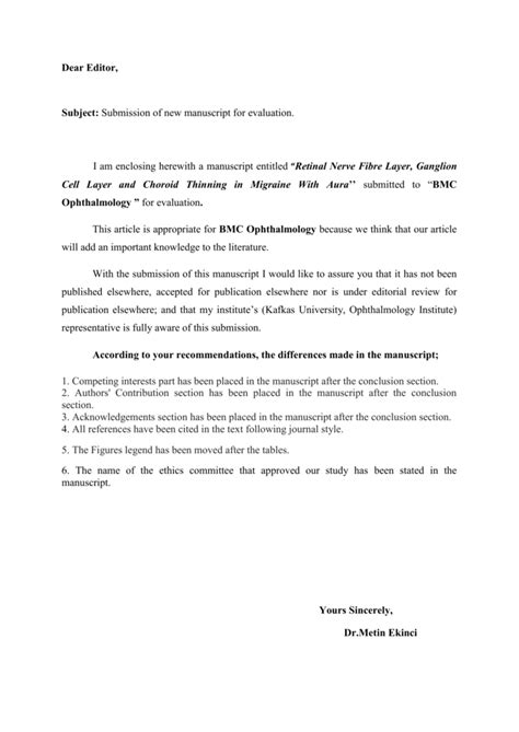 Free sample cover letters for your job application and resume. Dear Editor, Subject: Submission of new manuscript for ...