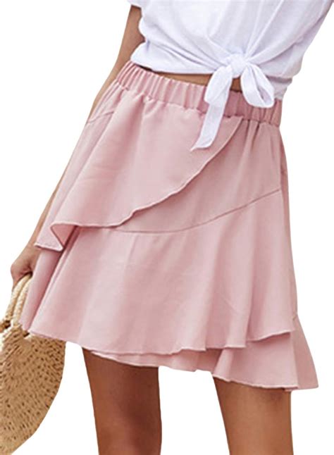 Corafritz Ruffled Trim Skirt For Women Stitching Solid Short Skirt Elastic Waist Frilled Hemline