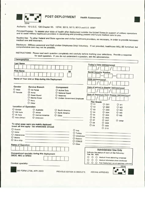 Dd Form 2796 Post Deployment Health Assessment Printable Pdf Download
