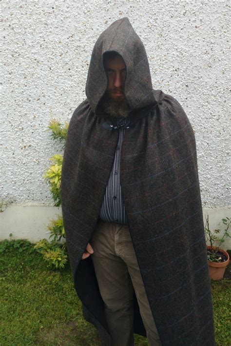 Hooded Medieval 100 Wool Irish Donegal Tweed Cloak Moss Greenbrown