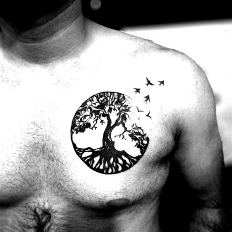 Tattoo Trends Circle Tree Of Life Upper Chest Birds Flying Mens Black