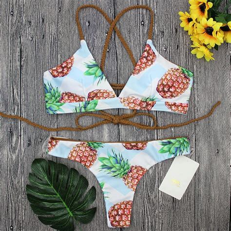 midou women bandage bikinis swimwear female sexy push up swimsuit back strappy pineapple print