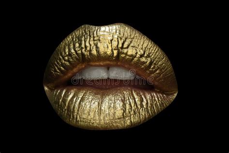 Sensual Forms Of Woman Lips Golden Lipstick Closeup Lips With Metal Makeup Stock Image Image