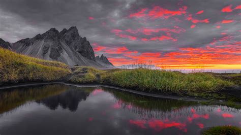 Iceland Vestrahorn Mountain Reflection On Water During Sunrise Hd