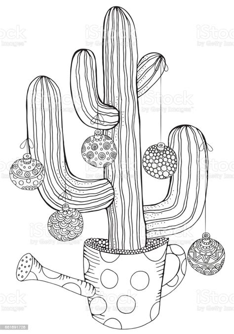 Download Hand Drawn Cactus In Pot With Christmas Balls Doodle Black And White Coloring Book Page For ...