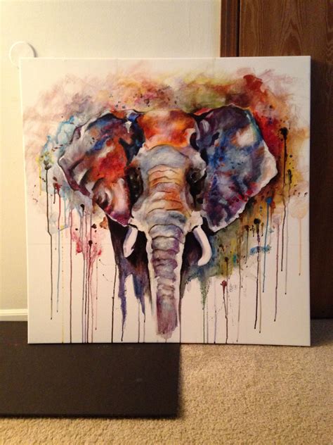 An Elephant Is Painted On A Canvas With Watercolors And Paint Splatters