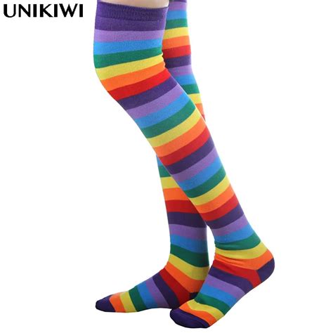 Hot Sale Womens Colorful Rainbow Knee High Socksladies Over Knee Leg Warmer Soft Stripe Knit