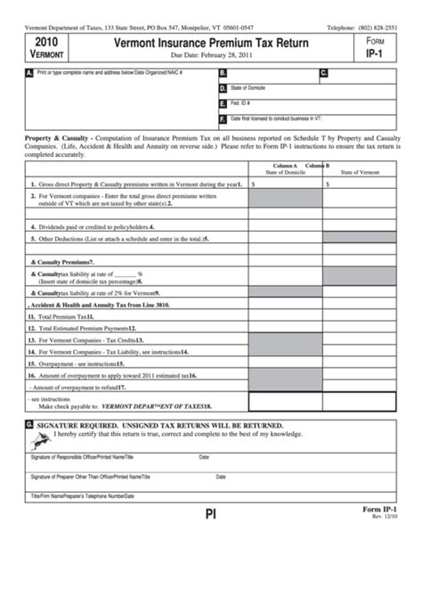 Insurance premium tax by state. Form Ip-1 - Vermont Insurance Premium Tax Return - 2010 printable pdf download