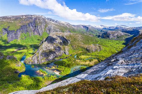 Norway Nordland View Of Nordfjordelva River Flowing Through Valley In