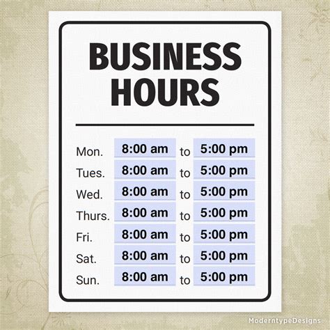 Business Hours Printable Sign Editable Moderntype Designs