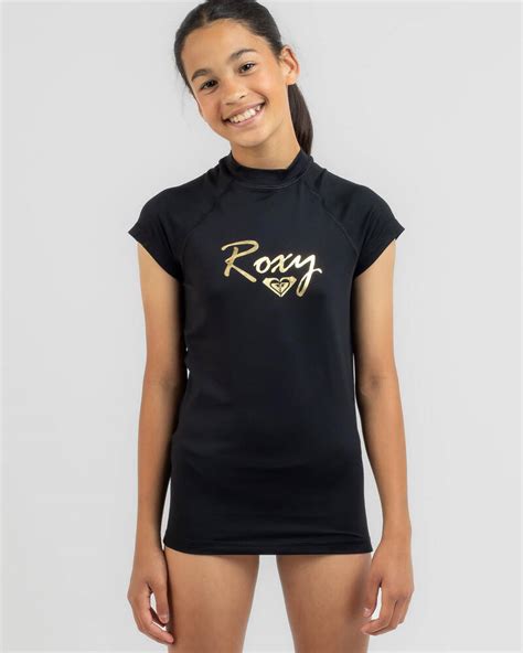 Roxy Girls Summer Love Short Sleeve Rash Vest In Anthracite Fast Shipping And Easy Returns