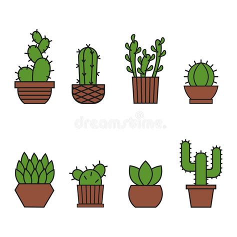 Cacti Icons Set Vector Collection Of Cacti In Pots Stock Illustration