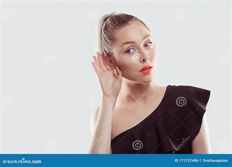 Closeup Portrait Young Nosy Woman Hand To Ear Gesture Carefully