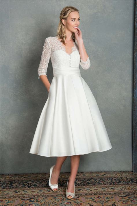 Clara R White Rose Tea Length Short Mikado Lace Wedding Gown V