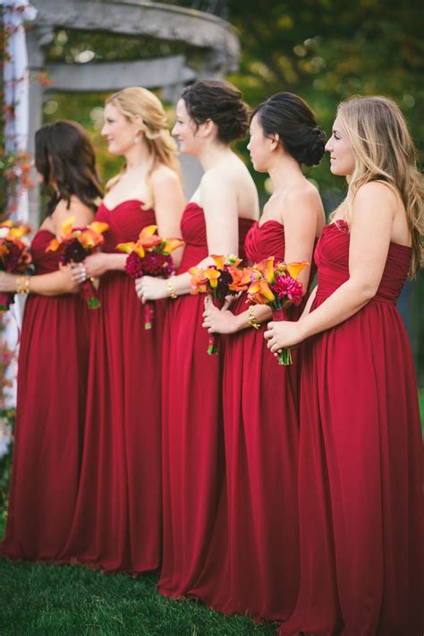 Beautiful Bridesmaids In Red Perfect For A Fall Wedding Cheap Red