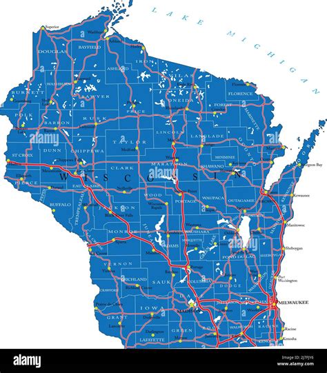 Detailed Map Of Wisconsin Statein Vector Formatwith County Borders