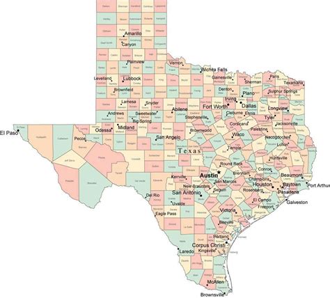 Multi Color Texas Map With Counties Capitals And Major Cities Map