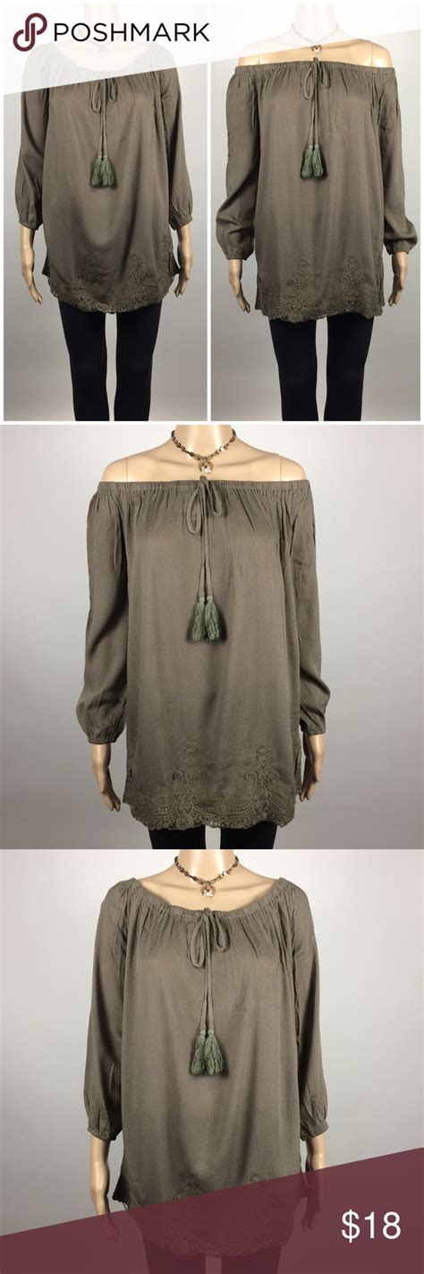 Ellie And Kate Boatneck Blouse W Lace Trim 100 Rayon Color Olive