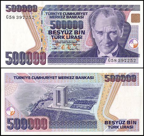 Turkey 500000 Lira Banknote L1970 1993 Nd P 208c Unc Prefix G