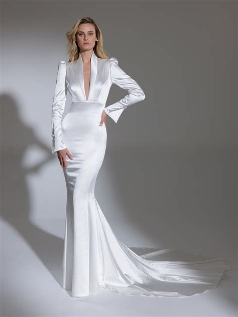 Long Puff Sleeve High Neck Stretch Satin Fit And Flare Wedding Dress Kleinfeld Bridal