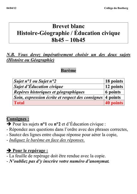 Sujets Brevet Blanc Histoire Géographie Avril 2012