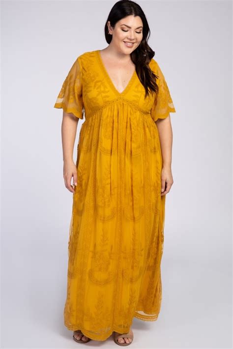 Plus Size Mustard Yellow Lace Mesh Overlay Short Sleeve Long Maxi Dress