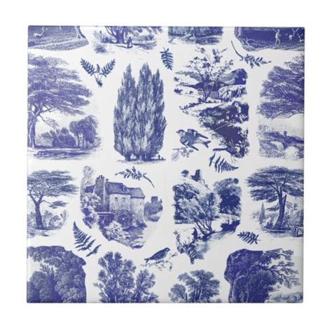 Elegant Vintage Blue Pastoral Toile Seamless Ceramic Tile