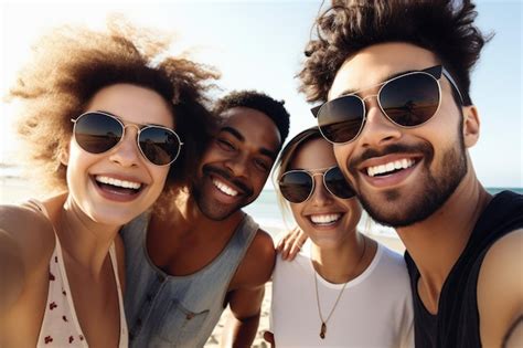 Premium Photo Shot Of A Group Of Friends Taking A Selfie Together At The Beach Created With