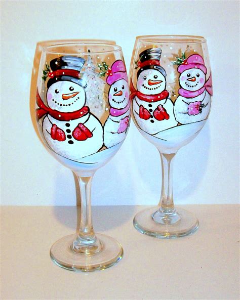 Snowman Hand Painted Wine Glasses Set Of 2 20 Oz White Etsy