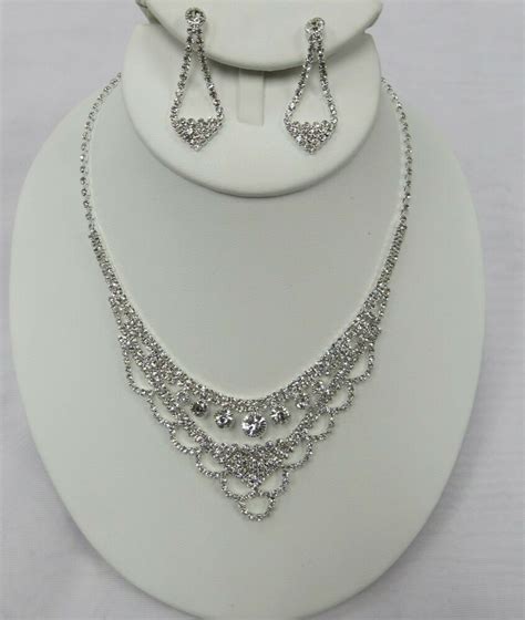 Formal Rhinestone Crystal Filigree Necklace Set Silver Clear Bridal