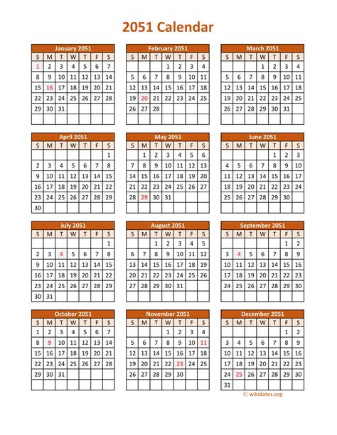 Full Year 2051 Calendar On One Page