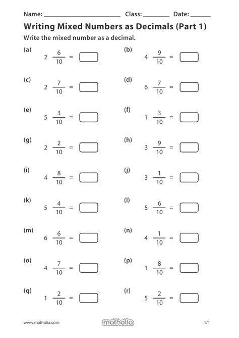 Mixed Numbers To Decimals Worksheet Grade 4