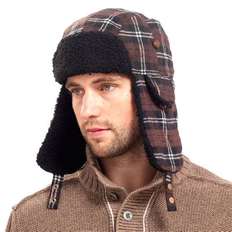 Mens Checked Sherpa Chunky Fleece Lined Trapper Hat With Ear Flaps
