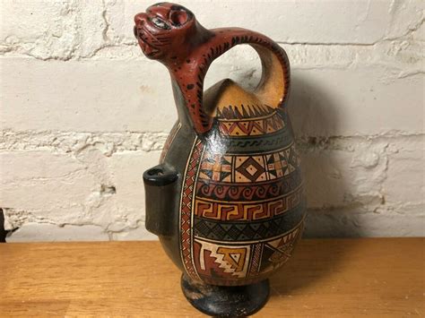 Vintage Cusco Peru Inca Style Jaguar Pitcher Terracotta Clay Pottery