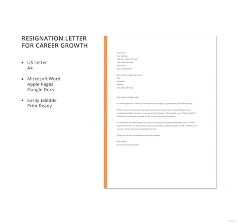 Free Resignation Letter Template For Career Growth In Microsoft Word