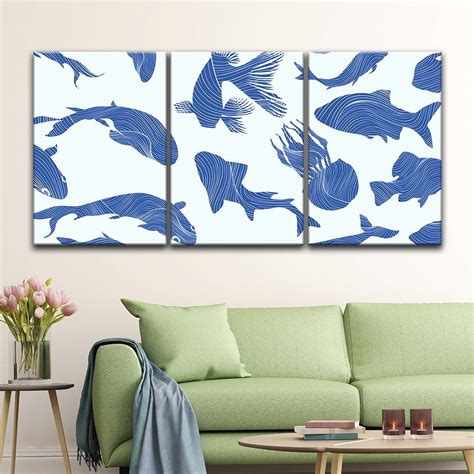 Wall26 3 Panel Canvas Wall Art Abstract Blue Fish Pattern Giclee