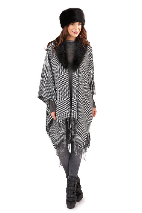 Womens Faux Fur Collar Poncho Wrap Knitted Shawl Throw Winter Cape