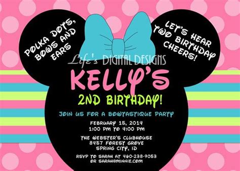 Minnie Mouse Bowtique Ears Birthday Invitations With Pink Teal And