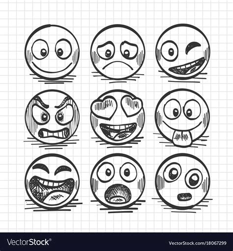 Sketch Hand Drawn Set Cartoon Emoji Royalty Free Vector