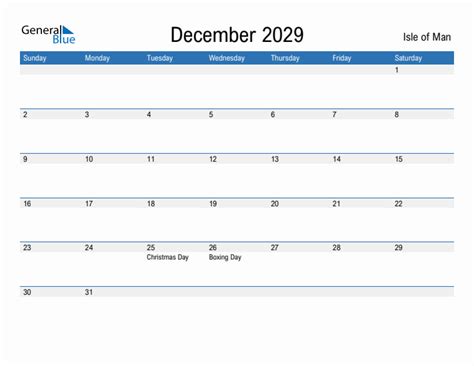 Editable December 2029 Calendar With Isle Of Man Holidays