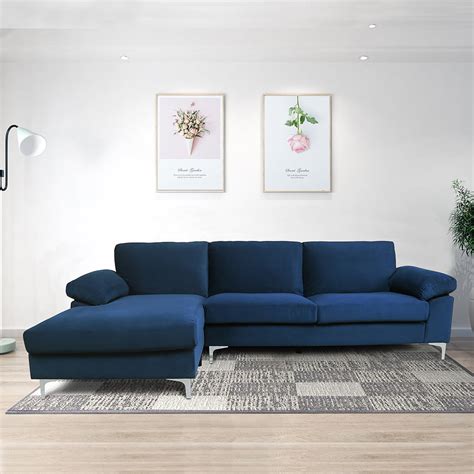 Home Modern Large Velvet Fabric Sectional Sofa L Shape Couch Blue