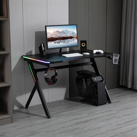 Homcom Steel Frame Led Gaming Desk W Headphone And Drink Holder Black