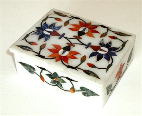 Vintage Marble Inlay Box India Gemstones Taj Mahal Influence