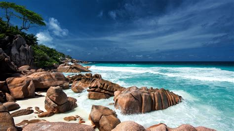 Water Trees Landscape Rocks Mountains Clear Water Seychelles Beach Clouds Sand