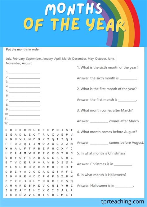Months Of The Year With Pictures And Worksheet Tpr Teaching