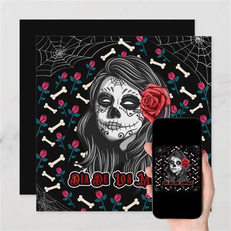 Dia De Los Muertos Sugar Skull Girl And Red Roses Invitation Zazzle