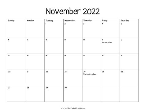 20 November 2022 Calendar Printable Us Holidays Blank Free Pdf